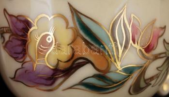 Zsolnay virág mintás kávés csésze és alj fedővel, kézzel festett, jelzett, hibátlan