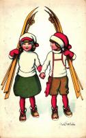 Child couple, skiing, artist signed, litho (EK)