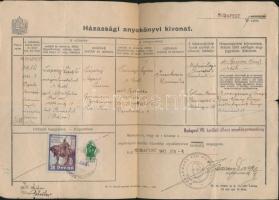 1943 Bp., Házassági anyakönyvi kivonat 1+2 pengős okmánybélyeggel