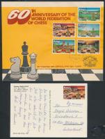 60th anniverary of World Federation of Chess set on FDC + stamp on postcard, 60 éves a Nemzetközi Sakkszövetség sor FDC-n + egyik bélyeg képeslapon