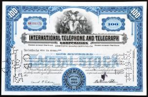 Amerikai Egyesült Államok / Maryland 1943. "International Telephone and Telegraph Corporation" részvényelismervénye 100 részvényről, perforált T:I tűlyukak USA / Maryland 1943. "International Telephone and Telegraph Corporation" certificate of 100 fully paid shares, perforated C:UNC needle holes