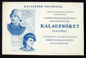 cca 1938-1944 Kalauznők felvétele, Budapest Székesfővárosi Közlekedési Részvénytársaság kalauznőket alkalmaz a katonai szolgálatra bevonult kalauzok helyett, hirdetés, 35x23 cm