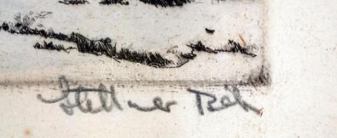 Stettner Béla (1928-1984): A komlói völgy. Színezett rézkarc, papír, jelzett, üvegezett keretben, 23...