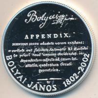 2002. 3000Ft Ag "Bolyai János" T:PP Dísztokban, tanúsítvánnyal, ujjlenymatos