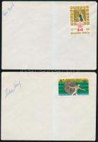 14 db különböző magyar és külföldi sportoló aláírása borítékon pl.: Novobáczky Klára,Rácz Lajos, Van...