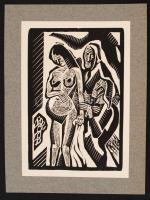 Kolozsváry Sándor (1896-1944): Zsuzsanna és a vének, cca 1930. Fametszet, jelzés nélkül,papír, kartonra kasírozva, 18x12cm