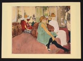 Henri de Toulouse-Lautrec (1864-1901):Szalonban. Kézzel színezett cinkográfia, jelzett a cinkográfián, paszpartuban, 20x16cm
