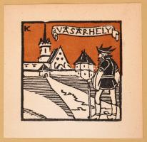 Kós Károly (1883-1977): Marosvásárhely, cca 1930. Színezett linómetszet, jelzett a dúcon, papír kartonra kasírozva, 9×9 cm