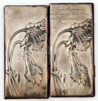 1906 "Zum Andenken an Deinen 15. Geburtstag von Deinen treuen Hilde Prag" ezüst(Ag) lappal díszített szecessziós táncrendtartó, jelzett, 11,5x5,5 cm