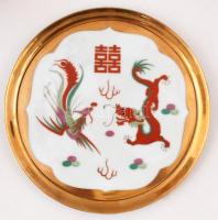 Modern kínai porcelán teáskészlet, kis hiánnyal: teáskanna, 4 db csésze, alj nélkül, kínáló tál, kéz...