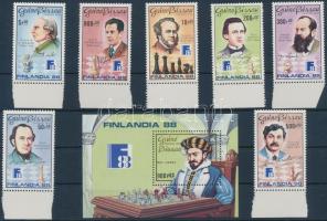 Stamp exhibition FINLANDIA, chess margin set + block, FINLANDIA bélyegkiállítás, sakk ívszéli sor + blokk