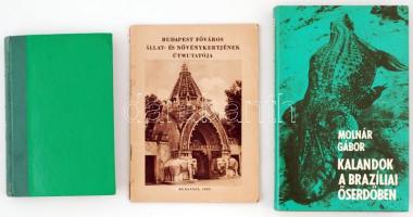 3 db könyv-Molnár Gábor: Kalandok a brazíliai őserdőben. Bp., 1981, Szépirodalmi Könyvkiadó. Róna István: Nagyhírű vadászok nyomában. Bp., 1971. Budapest Főváros Állat- és Növénykertjének útmutatója. Bp., 1957. Vászon, félvászon és papír kötésben, kötetenként változó állapotban.