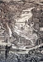 Varga Mátyás (1910-2002) Budapesti panoráma. Linómetszet, jelzett. Keretben 90 x 40 cm