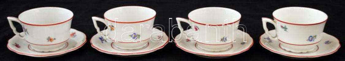 4 db régi Zsolnay mokkás csésze és alj, kettőn apró mázhiba, jelzett, kézzel festett