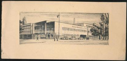 Jelzés nélkül: Budapesti Mezőgazdasági Gépgyár. Rézkarc, papír, 5x15 cm