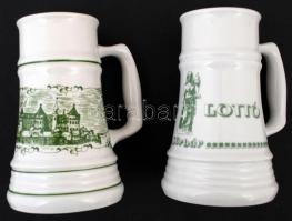 2 db Alföldi porcelán korsó (Szeged, Totó Lottó Sörbár), matricás, hibátlan, jelzett, m: 17 cm + Áttört kerámia dísztányér, jelzett, mázas, kézzel festett, hibátlan, d: 25cm
