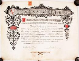 1906 Vegyészmérnöki (Magyar Királyi Műegyetem) diploma, pecsét fedő hiányzik, eredeti tokjában (sérült)