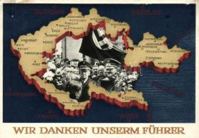 Wir danken unserm Führer / Adolf Hitler, Konrad Henlein, NS propaganda, map of the Czech Republic, 6 Ga. So. Stpl (fa)