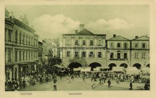 Cieszyn, Teschen; Demelplatz / square, tram, market, shop of Kutzer (EK)