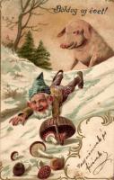 New Year, pig, dwarf, Emb. litho (fl)