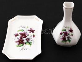 Hollóházi porcelán ibolyamintás készlet, 2 db(kis váza és tálka), matricás, hibátlan, jelzett