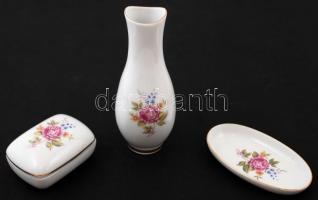 Hollóházi porcelán virágmintás készlet, 3 db(kis váza, tálka, bonbonier), matricás, hibátlan, jelzet...