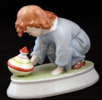 Zsolnay búgócsigával játszó gyerek, kézzel festett, jelzett (Sinkó), hibátlan, 13×15 cm / Handpainte...