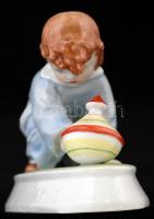 Zsolnay búgócsigával játszó gyerek, kézzel festett, jelzett (Sinkó), hibátlan, 13×15 cm / Handpainte...