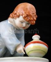 Zsolnay búgócsigával játszó gyerek, kézzel festett, jelzett (Sinkó), hibátlan, 13×15 cm / Handpainte...