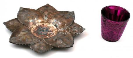 Leveleket mintázó ezüstözött poháralátét, díszpohárral