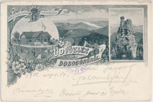 Dobogókő, Báró Eötvös Loránd menedékház, Thirring-szikla, Északi kilátás; floral (kis szakadás / small tear)