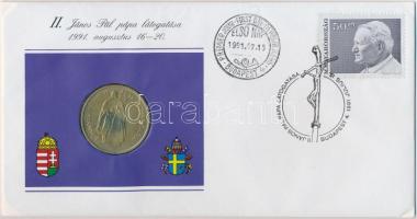 1991. 100Ft "II. János Pál pápa magyarországi látogatása" érmés borítékban első napi bélyegzős bélyeggel T:1