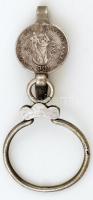 Ezüst(Ag) kulcstartó III. Károly korából való befoglalt ezüst(Ag) 30 krajcáros érmével, Patrona Regni Hungariae 1739 felirattal, jelzett(13 lat), 31,6 g
