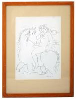 Reich Károly (1922-1988): Akt lovon. Szitanyomat, papír, jelzett, üvegezett keretben, 30×20 cm