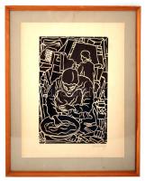 Farkasházy Miklós (1895-1964): Mosakodó. Linómetszet, papír, jelzett, üvegezett keretben, 34×25 cm