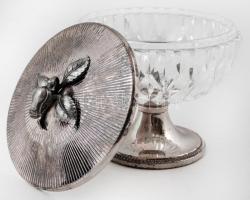 Üveg cukortartó fém talppal és dekoratív rózsás fém tetővel, hibátlan, m: 14 cm