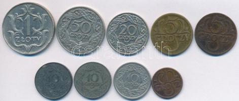 Lengyelország 1923-1939. 1gr-1Zl (9x) fémpénz T:vegyes Poland 1923-1939. 1 Grosz - 1 Zloty (9x) metal coins C:mixed