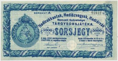 1925. "Hadirokkantak, Hadiözvegyek, Hadiárvák Nemzeti Szövetsége Tárgysorsjátéka" sorsjegy 5000K-ról T:II