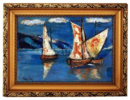 Négely jelzéssel: Vitorlások, vászon, díszes, üvegezett fa keretben, 38×54,5 cm