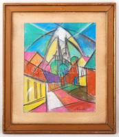 Kmetty jelzéssel: Utcarészlet templommal, pasztell, papír, paszpartuban, üvegezett fa keretben, 49×40 cm