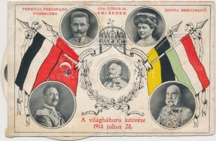 1914 A világháború kitörése, emléklap, Ferencz Ferdinánd főherceg, Zsófia hercegnő / Memorial card for the outbreak of World War I, Wilhelm II, Franz Joseph, flags, Archduke Franz Ferdinand of Austria, Sophie, mechanical card (b)