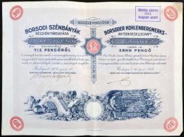 Budapest 1926. Borsodi Szénbányák Részvénytársaság 10 részvénye egyenként 10P-ről szelvényekkel, felülbélyegzéssel T:II-