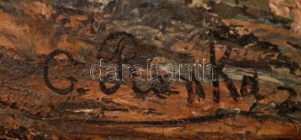 Ranka jelzéssel: Vörös ház a fjord partján, olaj, fa, díszes keretben, 66×55 cm