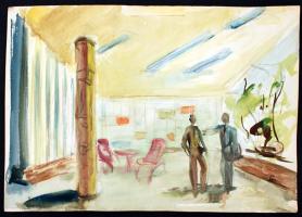 B jelzéssel: Az irodában, akvarell, papír, 43×61 cm