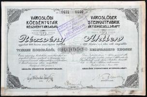 Budapest 1920. Városlődi Kőedénygyár Részvénytársaság 10db részvénye egyenként 1000K-ról, szelvényekkel, bélyegzéssel és szárazpecséttel T:III