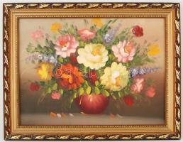 Jelzés nélkül: Virág csendélet, olaj, vászon, díszes fa keretben, 28,5×38,5 cm