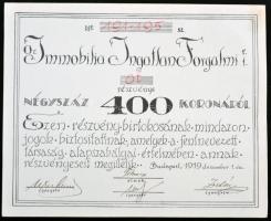 Budapest 1919. "Az Immobilia Ingatlan Forgalmi Részvénytársaság" 5 részvénye 400K-ról szel...