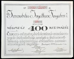 Budapest 1919. "Az Immobilia Ingatlan Forgalmi Részvénytársaság" 5 részvénye 400K-ról szel...