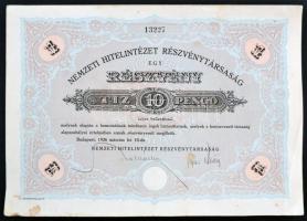 Budapest 1926. Nemzeti Hitelintézet Részvénytársaság részvénye 10P-ről, szárazpecséttel, szelvényekkel T:II- penészfoltos