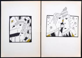 Szász jelzéssel: Arcok, 2 db grafika, tus, papír, különböző méretben